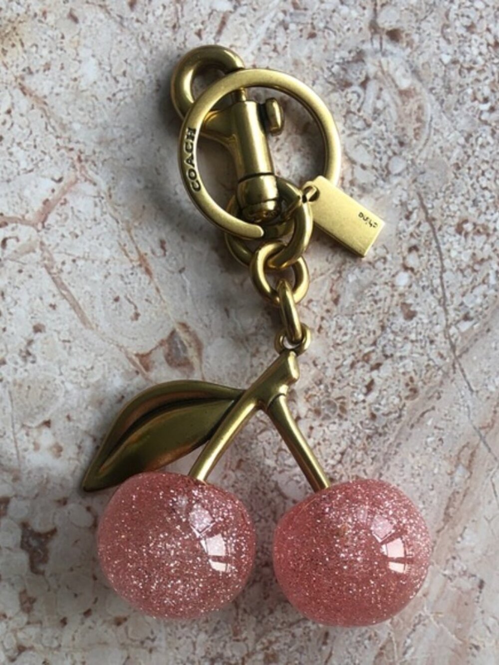 Coach Pink Glitter Cherry Key Charm with Gold Hardware